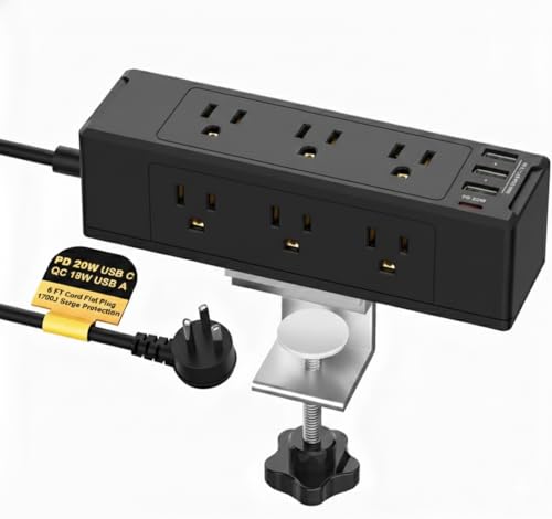 Desk Clamp Power Strip, Desktop Mount Charging Station with 9 Outlets 4 Smart USB Ports, 6.5Ft Under Desk Power Strip, Fits 1.6" Tabletop Edge, Extension Cord for Home Office, Black