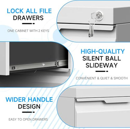 3 Drawer Mobile File Cabinet with Lock, Rolling File Cabinet with Wheels - color: White, size: 3 Drawer