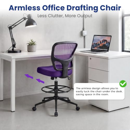 Armless High Back Office Chair, Tall Ergonomic Chair for Standing Desk, Adjustable Height Mesh Computer Chair with Foot Ring & Wheels, Rolling Home Office Chair - color: Purple
