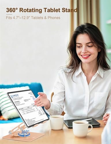 Aoviho Tablet Stand 360° Rotating Aluminum Holder, Adjustable, Portable and Foldable Monitors Stand for iPads, Compatible with 4-12.9" Tablets, Golden - color: Golden