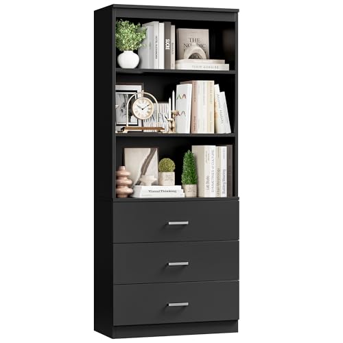 FOTOSOK 71" Black Bookshelf with 3 Drawers, Tall Bookshelf and Bookcase | 6-Tier Wide Bookshelf with 3 Open Shelves, Tall Bookcase Large Book Shelf Standing Book Case for Home Office, Whit - color: Black
