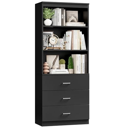 FOTOSOK 71" Black Bookshelf with 3 Drawers, Tall Bookshelf and Bookcase | 6-Tier Wide Bookshelf with 3 Open Shelves, Tall Bookcase Large Book Shelf Standing Book Case for Home Office, Whit - color: Black