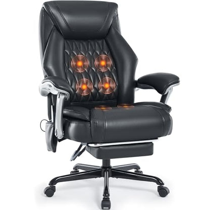 Reclining Office Chair with Massage, Ergonomic Executive Desk Chair | PU Leather Computer Chair with Heat & Footrest, 6-Point Vibrations, Padded Seat for Comfort & Stress Relief & Relaxation