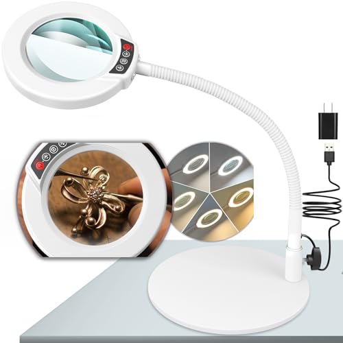 10X Magnifying Glass with Light and Stand, 16.5in Flexible Goose-Neck, 5 Color Modes Stepless Dimmable LED Lighted Desk Lamp, Hands Free Magnifier for Crafting Hobby Painting Close Work - White - color: White, size: 10X-16.5in