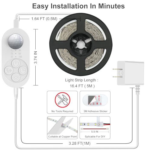 Motion Sensor Under Cabinet Lights Plug-in LED Strip Lights Indoor Cold White 6000K Super Bright 2000lm with 12V Adapter, Dimmer and Timer for Kitchen Cabinet, Shelf, Wardrobe, Stairway… - size: 16.4FT 1 PACK