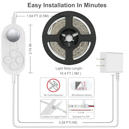 Motion Sensor Under Cabinet Lights Plug-in LED Strip Lights Indoor Cold White 6000K Super Bright 2000lm with 12V Adapter, Dimmer and Timer for Kitchen Cabinet, Shelf, Wardrobe, Stairway… - size: 16.4FT 1 PACK