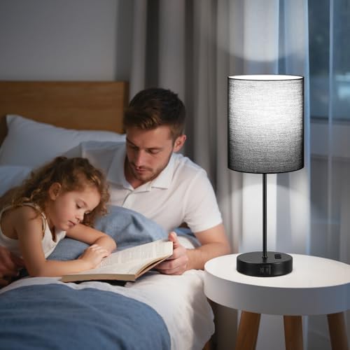 17.6" Black Touch Lamps for Bedroom Set of 2 - Dimmable, USB C+A, AC Outlet | Large 17.6" Tall Lamp, 3-Way Dimming, 5000K Daylight Bulbs, Black Lampshade Black Base, for Living Room, Boys, Men, Girls - color: Black