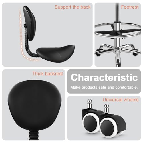 KKTONER Black Saddle Drafting Chair with Back Swivel Office Chair with Footrest Height Adjustable for Work Home Computer Task Stool Chair with Wheels