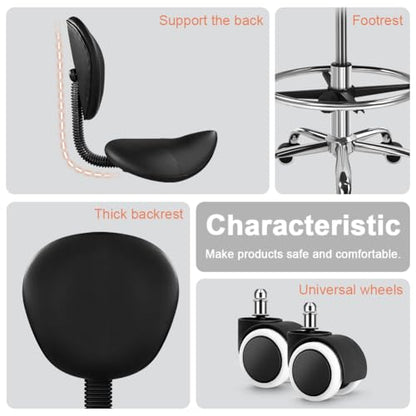 KKTONER Black Saddle Drafting Chair with Back Swivel Office Chair with Footrest Height Adjustable for Work Home Computer Task Stool Chair with Wheels