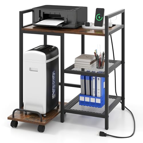 Giantex 3-Tier Printer Stand with Charging Station, 2 Open Storage Shelves, Side PC Stand on Wheels, 25" x 16" Mobile Printer Table for Computer Tower, Printer Shredder, Fax, Under Desk, Home Office - color: Rustic Brown & Black