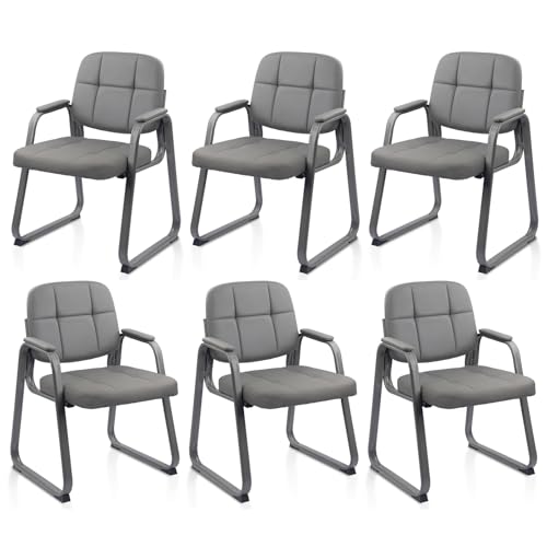 CLATINA Leather Guest Chairs Set of 6, Office Reception with Padded Arms, Desk Chair with Sled Base for Office Conference Waiting Room, Grey - color: Grey-sled Base, size: 6pack