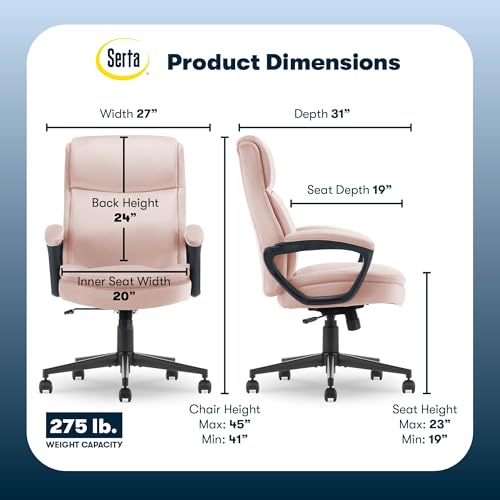 Serta Executive Office Chair with Lumbar Support, Fixed Arms Leather Chair - color: Pink Velvet Fabric