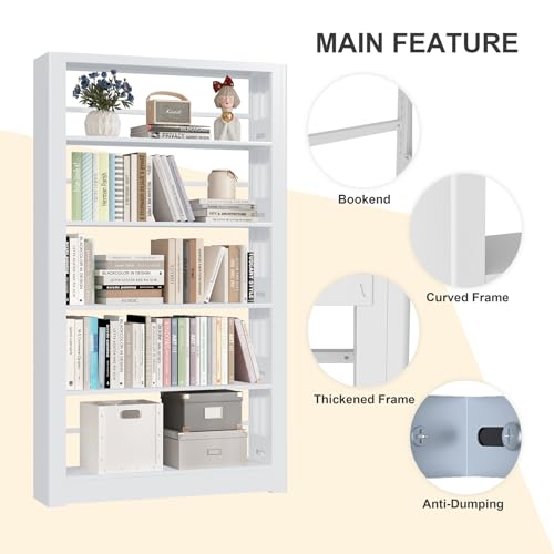 OSEILLC 69" Metal 5-Tier Bookshelf,Large Adjustable Bookcases (White) | Heavy Duty,Expandable bookshelf,280LB Load Capacity Each Shelf,Industrial Sturdy,Easy Assembly,Wide/Tall/Deep Bookcase - color: White, size: 69"H*36"W
