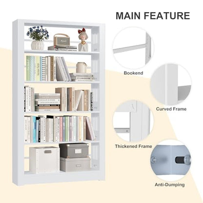 OSEILLC 69" Metal 5-Tier Bookshelf,Large Adjustable Bookcases (White) | Heavy Duty,Expandable bookshelf,280LB Load Capacity Each Shelf,Industrial Sturdy,Easy Assembly,Wide/Tall/Deep Bookcase - color: White, size: 69"H*36"W