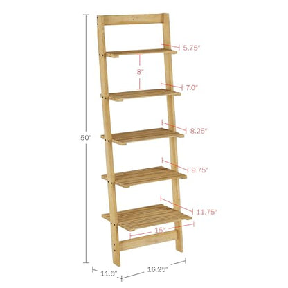 Lavish Home 5-Tier Ladder Shelf - 50-Inch Narrow Leaning Bookshelf - Wooden Bookcase for Living Room, Bathroom, Kitchen, Office, or Bedroom Furniture (Oak)