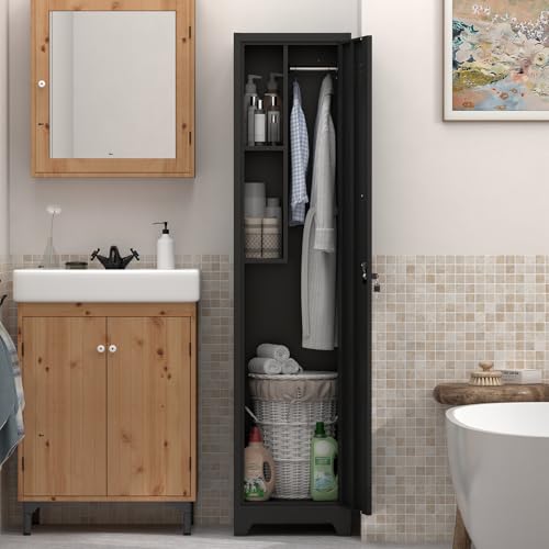 Metal Utility Closet with Hanging Rod,Narrow Broom Closet with Door,Slim Laundry Storage Cabinet for Bathroo,Gym,Living Room,Black - size: 15.75"D x 15.75"W x 64.96"H-Black