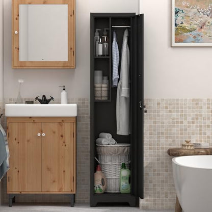 Metal Utility Closet with Hanging Rod,Narrow Broom Closet with Door,Slim Laundry Storage Cabinet for Bathroo,Gym,Living Room,Black - size: 15.75"D x 15.75"W x 64.96"H-Black