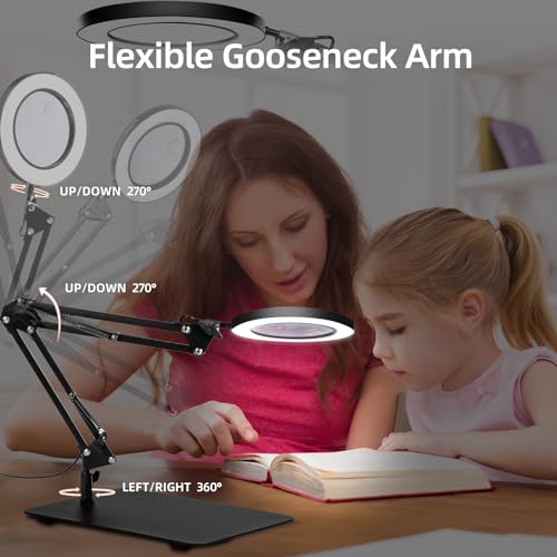 Magnifying Glass with Light and Stand, 3-in-1 Gooseneck Arms 3 Color Modes Stepless Dimmable, 10x&5X LED Desktop Magnifier with Light Hands Free for Workbench Reading Crafts Painting Hobby Close Work
