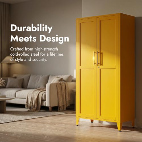 61" H Yellow Metal Storage Armoire Cabinet, Lockable Steel Cabinet, 2-Door Tall Locker with 3 Adjustable Shelves, Freestanding Steel Utility Cabinet for Bedroom, Office, Living Room - color: Yellow, style: 61"H-Cabinet-YX