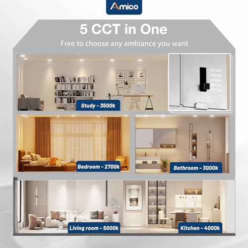 Amico 12 Pack 4 Inch LED Recessed Lighting, Canless Wafer Downlight, White | 5CCT 2700K-5000K, 5%-100% Dimmable, Ultra-thin, Metal housing, 800LM 11W 120V, IC & Damp Rated, ETL & FCC, 50000h Life Span - color: White, size: 4 Inch