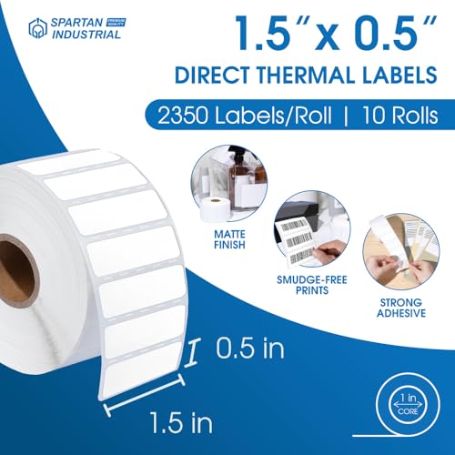 1.5" X 0.5" Direct Thermal Labels (23500 Count, 10 Rolls) | Barcode Stickers, File Folder Labels, Shelf Edge Identification - Compatible With Zebra Printers, NOT Rollo Compatible - size: 1.5" X 0.5"