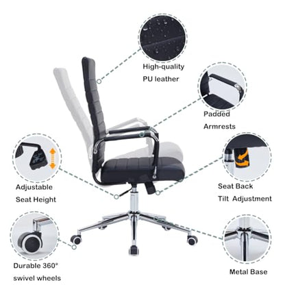 Black Leather Ribbed Office High-Back Desk Conference Chairs with Wheels | Ergonomic High-Back Executive Chairs with Wheels Adjustable Swivel Computer Task Desk Chair with Arms and Thick Padded Seat - color: Black, size: High Back