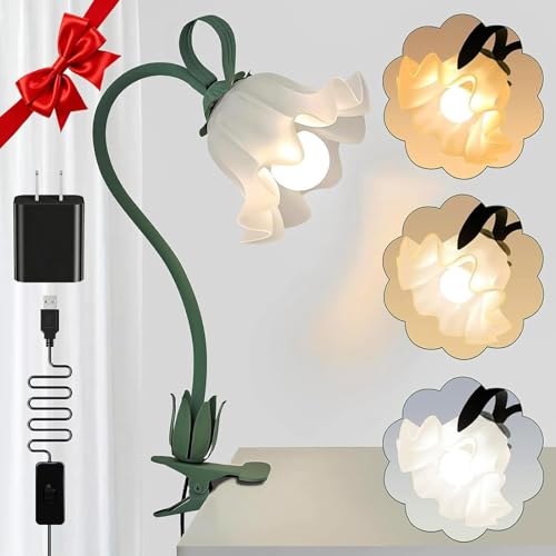 Clip On Flower Lamp for Bedroom, Aesthetic Bedside Reading Light with Flexible Gooseneck, 3 Color Modes Cute Desk Lamp Decor for Dorm Room, Headboard, Nightstand and Home Office - color: Green-02)