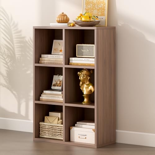 6-Cube Storage Shelf Bookcase, Walnut | Wooden 3-Tier Open Bookshelf, Fits 11×11" Bins, Vertical or Horizontal Use, Full Back Panels, For Home Office - color: Walnut, size: 6-Cube