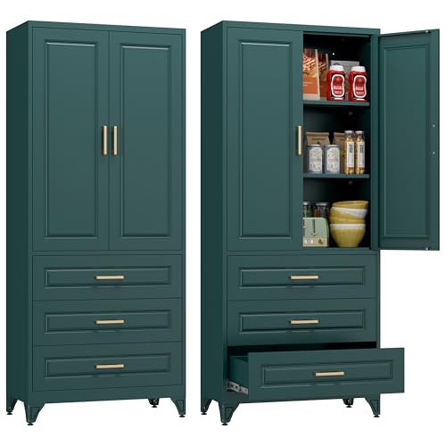Polup 75" Metal Storage Cabinet, Kitchen Pantry Cabinet with 3 Drawers | Heavy-Duty Green Tall Cabint with 2 Doors and 3 Adjustable Shelves, Magnetic Latch, Gold Handles, for Dining Living Room - color: Green, size: 75"H - 3 Drawers