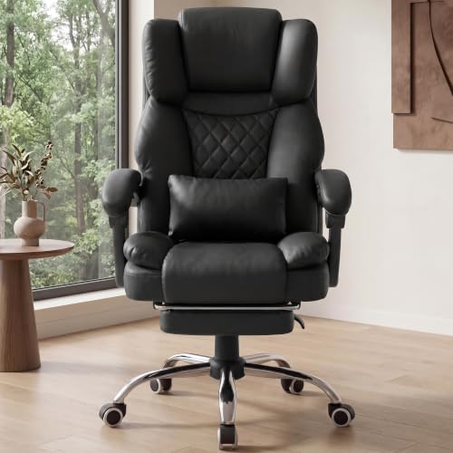 GTPLAYER Executive Office Chair Big and Tall Leather Gaming Chair with Pocket Spring Cushion & Ergonomic Lumbar Support for Lower Back Pain Relief, Comfy Desk Chair with Footrest, Black - color: Black, Leather