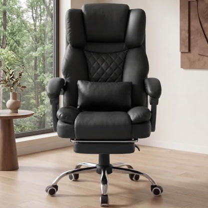 GTPLAYER Executive Office Chair Big and Tall Leather Gaming Chair with Pocket Spring Cushion & Ergonomic Lumbar Support for Lower Back Pain Relief, Comfy Desk Chair with Footrest, Black - color: Black, Leather