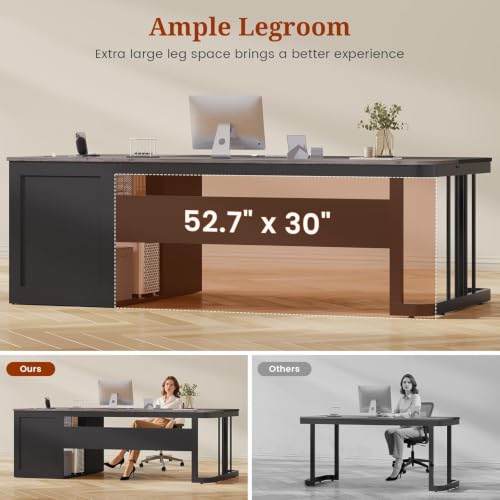UPOSOJA 70.9" Executive Desk with Power Outlet, Large Office Desk with Drawers & Lateral File Cabinet, Modern Long Computer Desk with Adjustable Storage Shelves, Workstation Business Furniture (Grey) - color: Grey