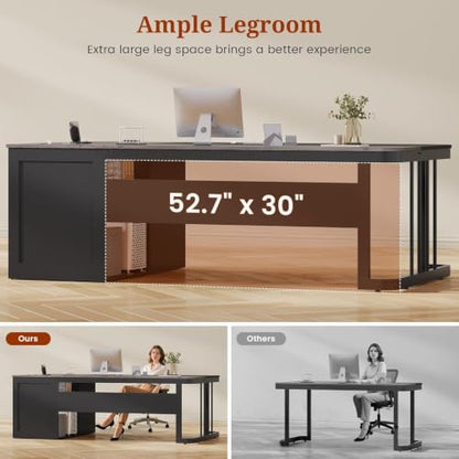 UPOSOJA 70.9" Executive Desk with Power Outlet, Large Office Desk with Drawers & Lateral File Cabinet, Modern Long Computer Desk with Adjustable Storage Shelves, Workstation Business Furniture (Grey) - color: Grey