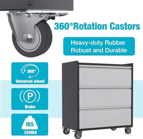 3 Drawer Rolling Garage Storage Cabinet, Small Metal Tool Cabinet with Drawer, Tool Chest & Cabinet for Workshop, Garden, Home, Office, Assembly Required, Black/Gray - size: 18.11"D x 30.29"W x 35.42"H