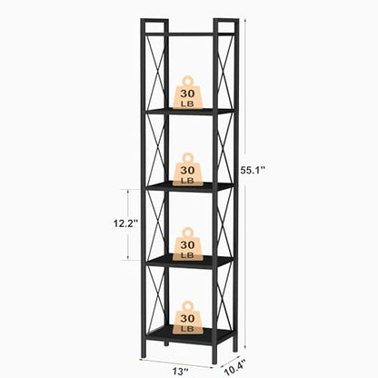 Homhedy 5 Tier Small Bookshelf, Tall Narrow Bookcase, Metal Book Shelf | Industrial Style for Small Spaces, Home, Office, Living Room, Kitchen, Bedroom , 10.4" D x 13" W x 55.1" H, Black - color: Black, size: 10.4"D x 13"W x 55.1"H
