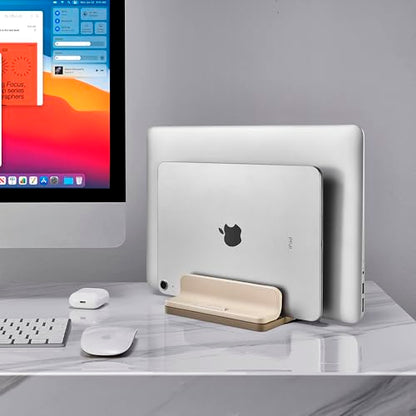 Dual Vertical Laptop Stand, 3 in 1 Upright Desktop Stand Holder with Adjustable Dock (Up to 17.3''), Leather Laptop Rack Storage Desk Organizer for Phone, Tablet, MacBook/HP/Dell/Chrome Book (Apricot) - color: Apricot