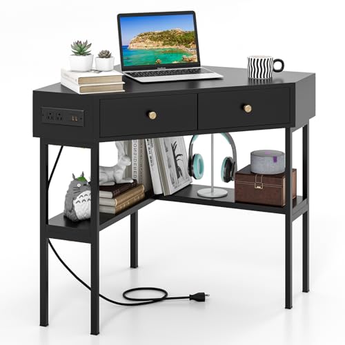 Tangkula Corner Desk with 2 Drawers & Built-in Charging Station, 90 Degrees Triangle Computer Desk for Small Space, Bedroom Makeup Vanity Desk with Storage Shelves, Corner Writing Desk