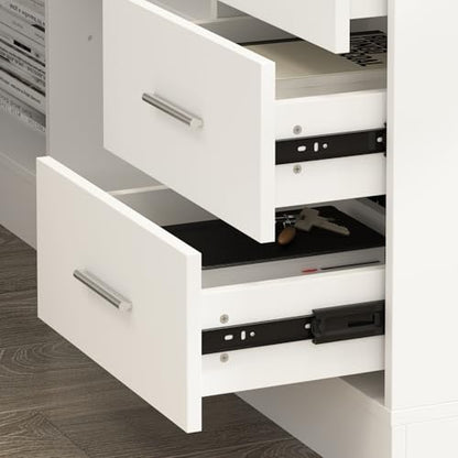 63" L Shaped Electric Standing Desk with File Cabinet, Height Adjustable Stand up Desk with Drawers and Shelves, Home Office Computer Gaming Table, White - color: White