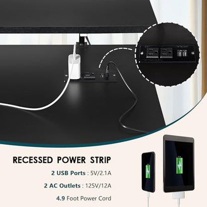 DlandHome 47" Computer Desk with Power Outlets & LED Lights, Black, Bedroom - color: Black + Black, size: 47 Inches + Outlets