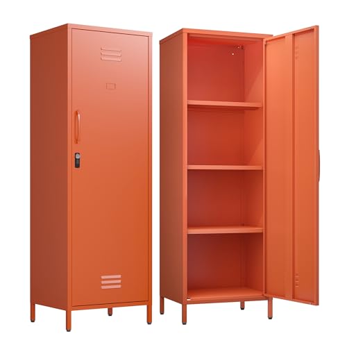 Metal Locker Storage Cabinets Lockable Single Storage Cabinet with Door and Removable Shelves Kids Locker for School Gym Pantry Kitchen (Orange) - color: Orange, size: 59.06"H