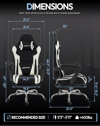 Dowinx Ergonomic Gaming Chair with Footrest & Massage Lumbar, 2D-Linkage Armrests for Computer Chair 330lbs with Headrest Pillow for Office, Home, Streaming and Long Gaming Sessions, Fabric White - color: Black White