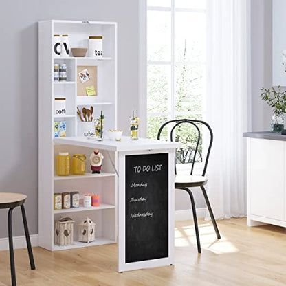 White Wall Mounted Folding Desk, Wood Compact Desk for Small Spaces | Hidden Computer Desk with Bookshelf & Storage, Foldable Murphy/Writing Table with A Blackboard for Bedroom Apartment - color: White.