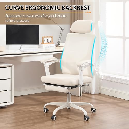 Qulomvs Ergonomic Office Chair with Massage&Heated Lumbar Support, Kneading Massage Office Chair with Foot Rest, Reclining Home Office Desk Chair Adjustable Mesh Computer Desk Chair with Wheels - color: Beige With Massager