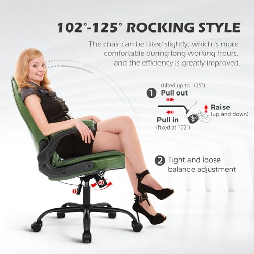 Executive Office Chair,Big and Tall Ergonomic Desk Chair with Adjustable Lumbar Support,Breathable PU Leather Computer Chair wih Flip-up Arms and Wheels,Green - color: Green
