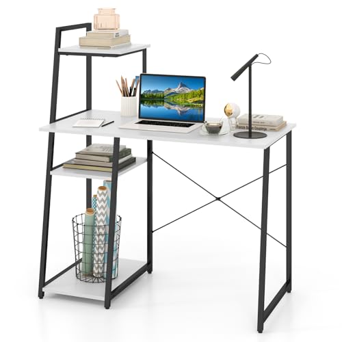 MAT EXPERT Computer Desk with Ladder Shaped Shelves, Compact Home Office Desk w/Monitor Stand & Adjustable Foot Pads, Modern Writing Study Desk PC Laptop Workstation for Home Office (White) - color: White