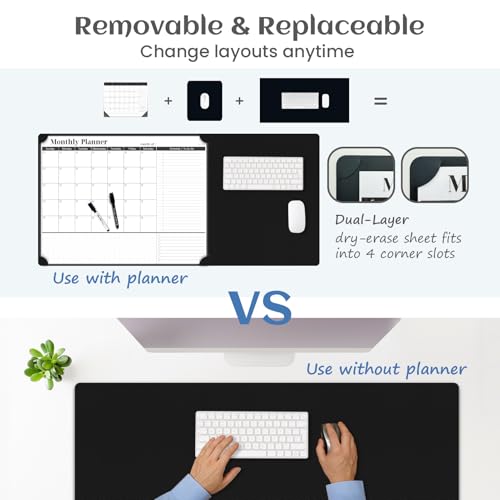 Multi-Functional Dual-Layer Dry Erase Desk Mat, Dry Erase Calendar for Desk - Erasable Desktop Writing Board with Calendar - Non-Slip Faux Leather Desk Protector for Home&Office - 16"x34" Black - color: Black