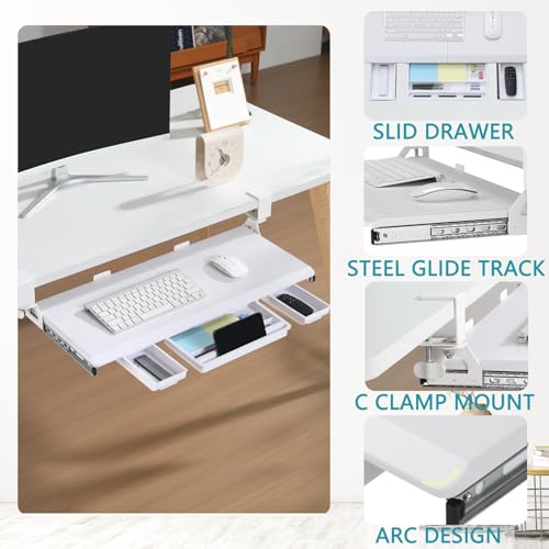 ETHU Keyboard Tray Under Desk, Pull Out Keyboard & Mouse Tray with C-clamp, Ergonomic Desk Keyboard Tray Slide Out, Pull Out Platform Drawer for Home and Office(White) - color: White
