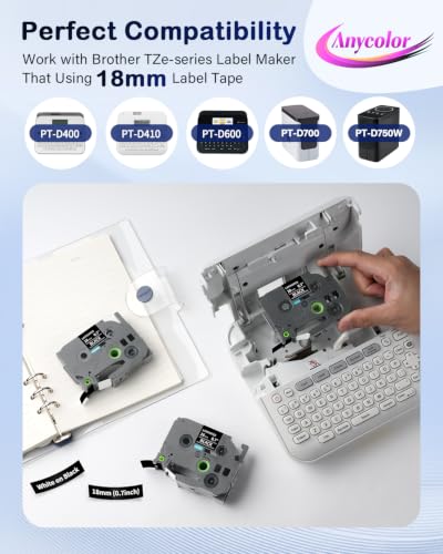 Anycolor TZe-345 18mm Black Label Maker Tape P Touch Label Tape 3/4 Inch - color: White on Black, size: 18mm (0.7 inch)