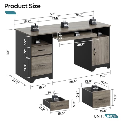 Bestier 59" Executive Desk, File Drawer, Keyboard Tray & 2 Drawers, Gray | File Drawer For Letter/A4/Legal Folders, 2 Storage Drawers, Keyboard Tray, Cable Management, 200 LBS Capacity, Wood Finish - color: Gray&black