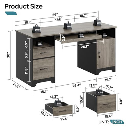 Bestier 59" Executive Desk, File Drawer, Keyboard Tray & 2 Drawers, Gray | File Drawer For Letter/A4/Legal Folders, 2 Storage Drawers, Keyboard Tray, Cable Management, 200 LBS Capacity, Wood Finish - color: Gray&black